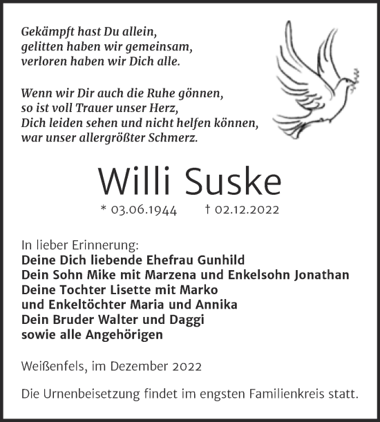Traueranzeige von Willi Suske von Trauerkombi Weißenfels