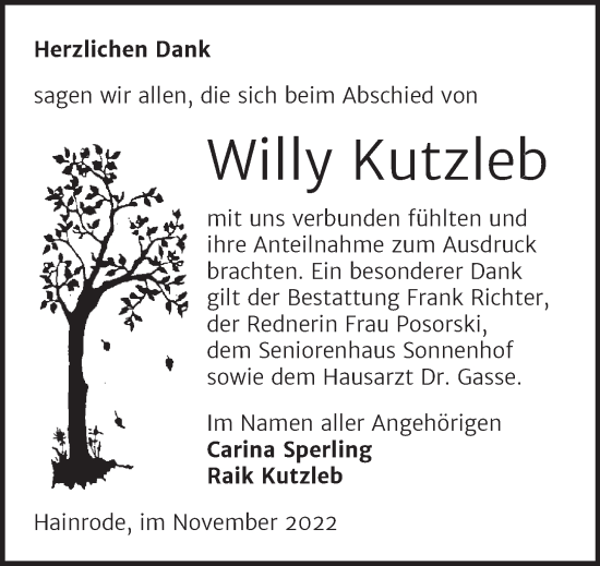 Traueranzeige von Willy Kutzleb von Trauerkombi Sangerhausen