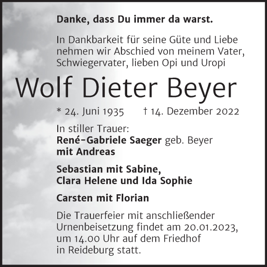 Traueranzeige von Wolf Dieter Beyer von Mitteldeutsche Zeitung Halle/Saalkreis