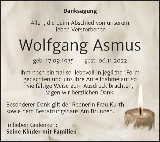 Traueranzeige von Wolfgang Asmus von Trauerkombi Mansfelder Land
