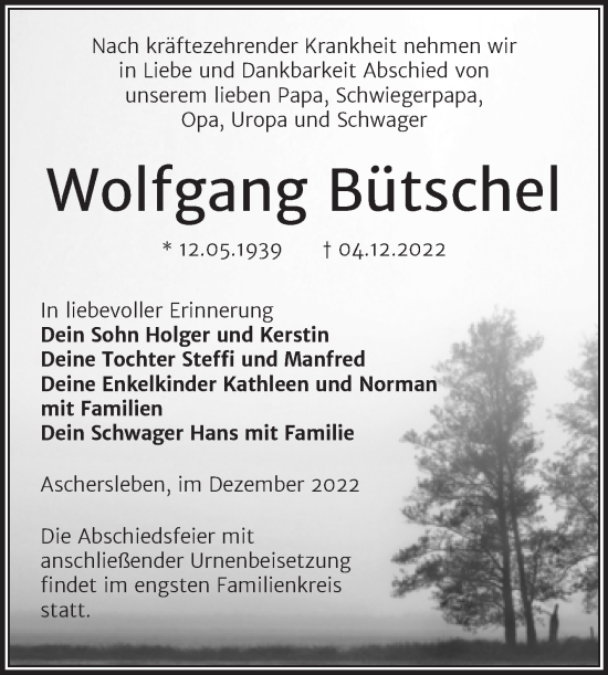 Traueranzeige von Wolfgang Bütschel von Trauerkombi Aschersleben