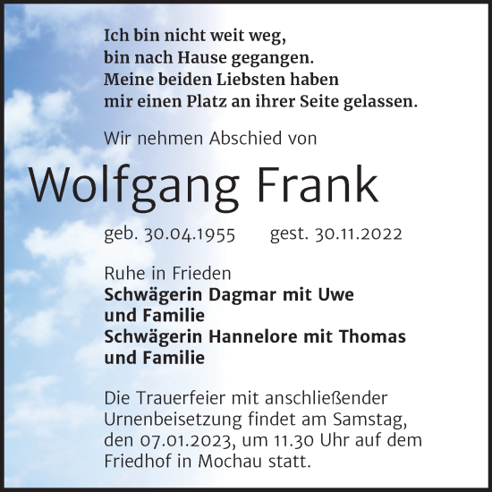 Traueranzeige von Wolfgang Frank von Trauerkombi Wittenberg