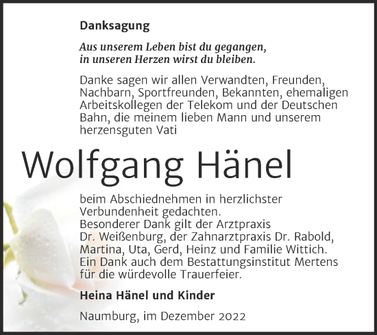 Traueranzeige von Wolfgang Hänel von Wochenspiegel Naumburg/Nebra