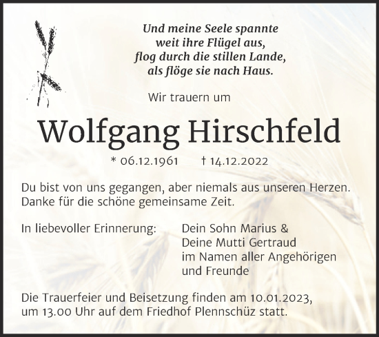 Traueranzeige von Wolfgang Hirschfeld von Trauerkombi Weißenfels