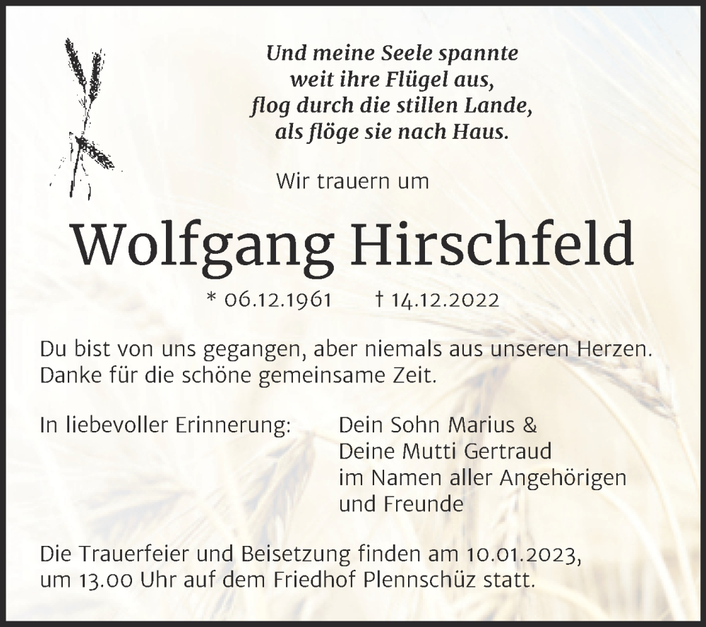  Traueranzeige für Wolfgang Hirschfeld vom 28.12.2022 aus Trauerkombi Weißenfels