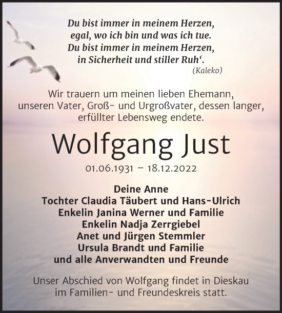 Traueranzeige von Wolfgang Just von Mitteldeutsche Zeitung Halle/Saalkreis
