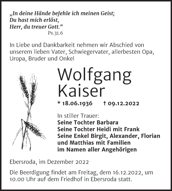 Traueranzeige von Wolfgang Kaiser von Wochenspiegel Naumburg/Nebra