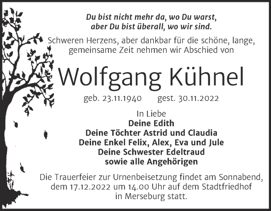 Traueranzeige von Wolfgang Kühnel von Trauerkombi Merseburg