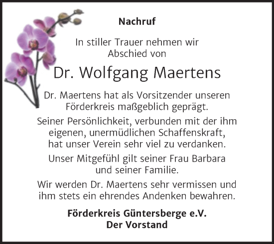Traueranzeige von Wolfgang Maertens von Trauerkombi Quedlinburg