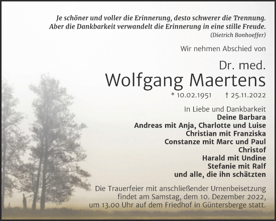 Traueranzeige von Wolfgang Maertens von Trauerkombi Quedlinburg
