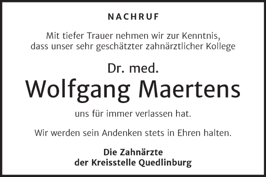 Traueranzeige von Wolfgang Maertens von Super Sonntag Quedlingburg