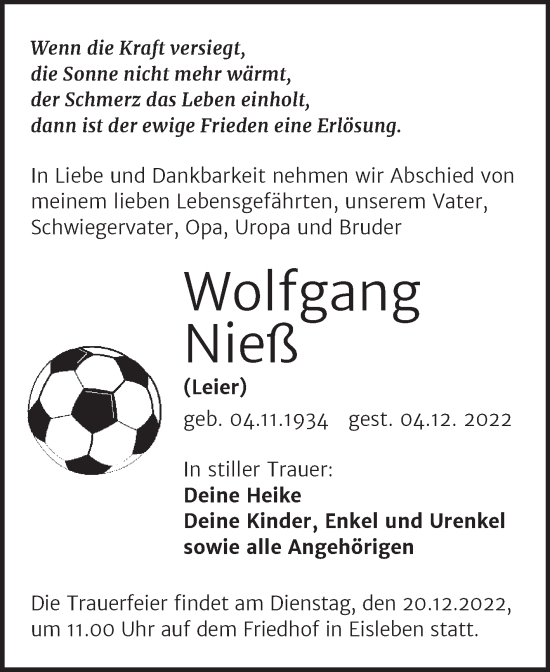 Traueranzeige von Wolfgang Nieß von Trauerkombi Mansfelder Land
