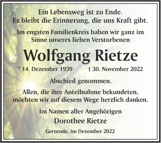 Traueranzeige von Wolfgang Rietze von Trauerkombi Quedlinburg