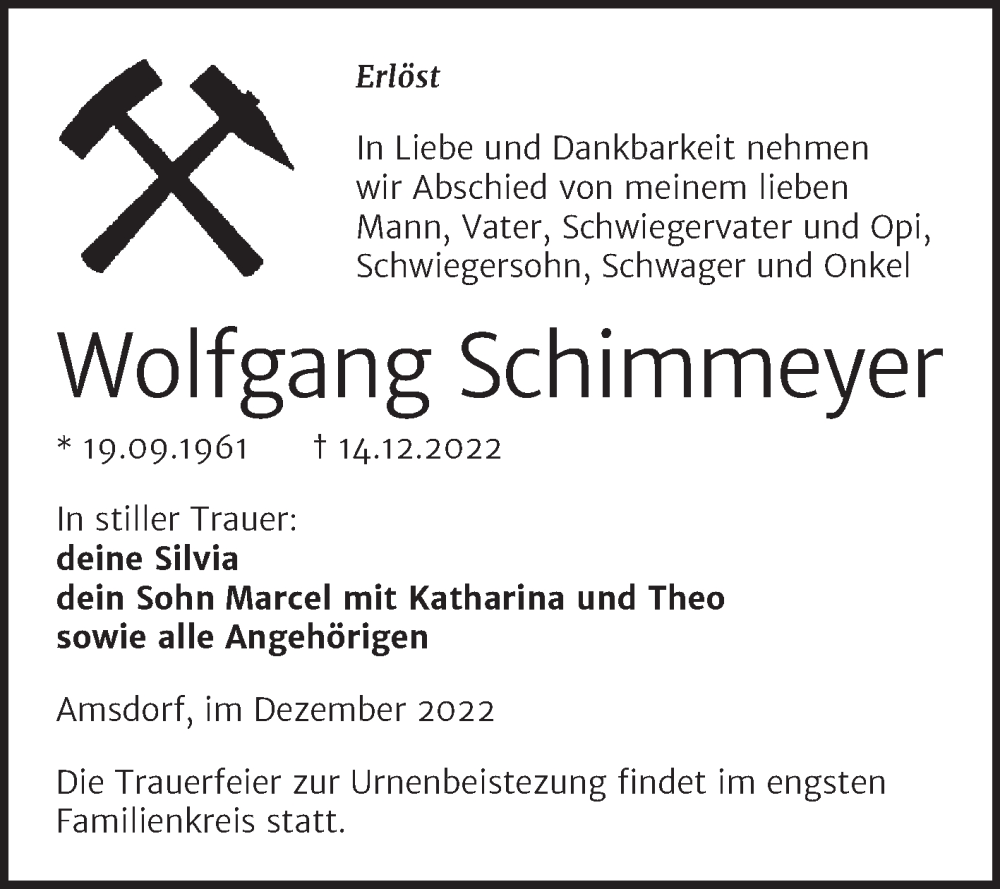  Traueranzeige für Wolfgang Schimmeyer vom 17.12.2022 aus Trauerkombi Mansfelder Land