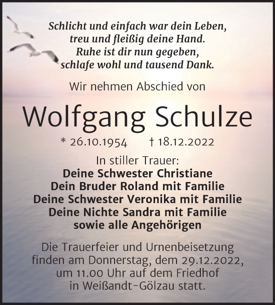 Traueranzeige von Wolfgang Schulze von Trauerkombi Köthen