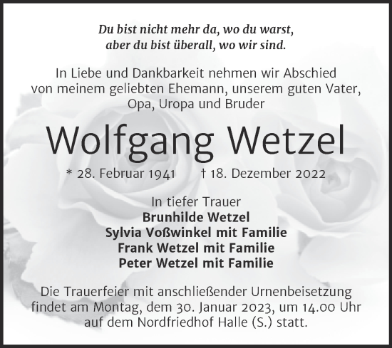 Traueranzeige von Wolfgang Wetzel von Mitteldeutsche Zeitung Halle/Saalkreis