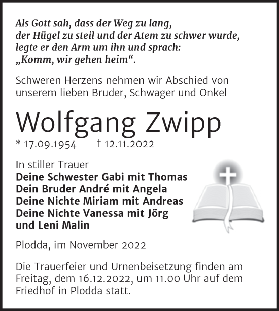 Traueranzeige von Wolfgang Zwipp von Trauerkombi Bitterfeld