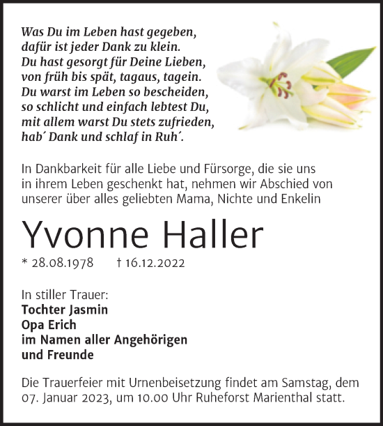 Traueranzeige von Yvonne Haller von Wochenspiegel Naumburg/Nebra