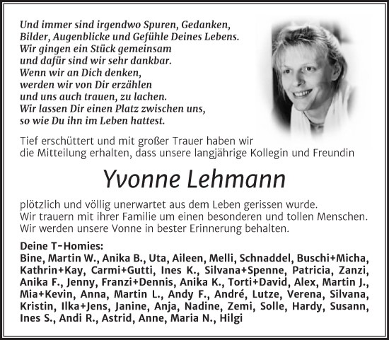 Traueranzeige von Yvonne Lehmann von Trauerkombi Wittenberg