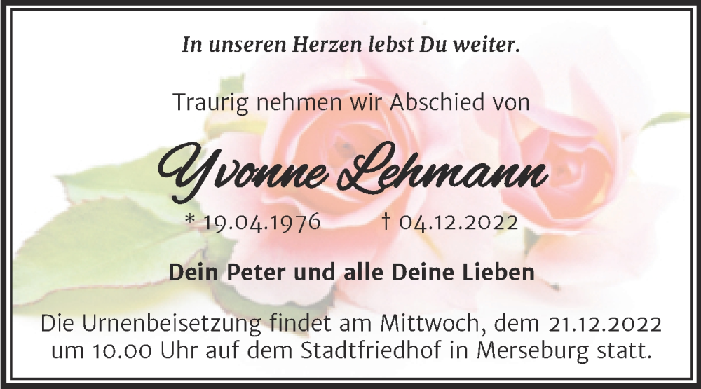  Traueranzeige für Yvonne Lehmann vom 10.12.2022 aus Trauerkombi Merseburg