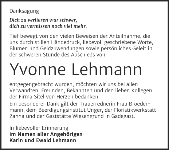Traueranzeige von Yvonne Lehmann von Trauerkombi Wittenberg