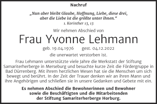 Traueranzeige von Yvonne Lehmann von Super Sonntag Merseburg/Querfurt