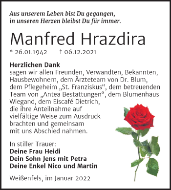 Traueranzeige von Manfred Hrazdira von Trauerkombi Weißenfels