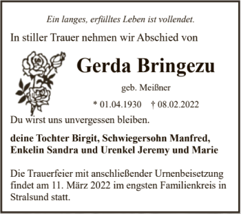 Traueranzeige von Gerda Bringezu von Mitteldeutsche Zeitung Köthen