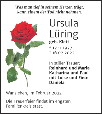 Traueranzeige von Ursula Lüring von Mitteldeutsche Zeitung Mansfelder Land