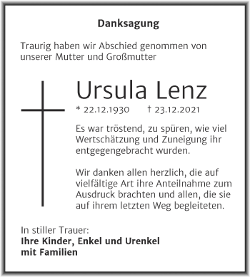 Traueranzeige von Ursula Lenz von Trauerkombi Merseburg