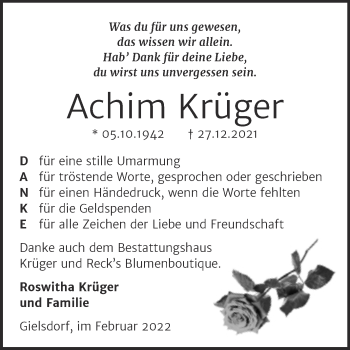 Traueranzeige von Achim Krüger von Super Sonntag Wittenberg