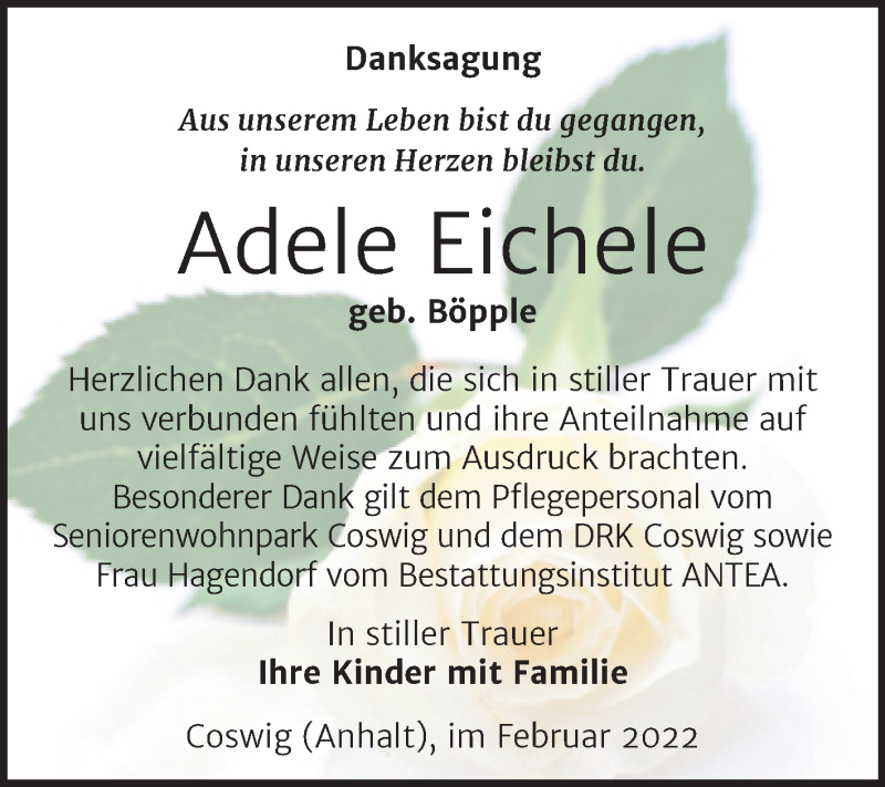  Traueranzeige für Adele Eichele vom 12.02.2022 aus Trauerkombi Wittenberg