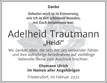 Traueranzeige von Adelheid Trautmann von Trauerkombi Bitterfeld