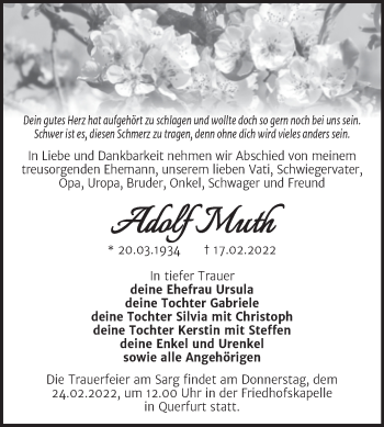 Traueranzeige von Adolf Muth von Mitteldeutsche Zeitung Merseburg/Querfurt