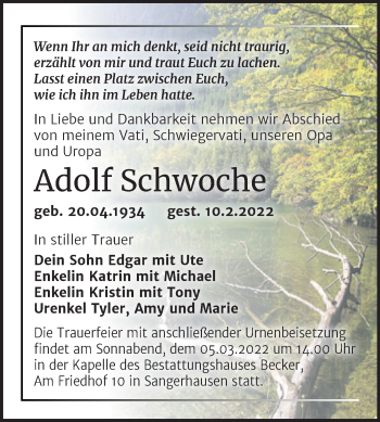Traueranzeige von Adolf Schwoche von Trauerkombi Sangerhausen