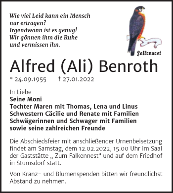 Traueranzeige von Alfred Benroth von Trauerkombi Bitterfeld