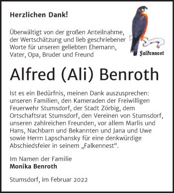 Traueranzeige von Alfred Benroth von Trauerkombi Bitterfeld