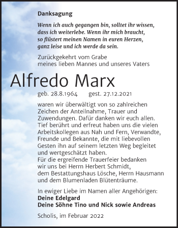 Traueranzeige von Alfredo Marx von Trauerkombi Wittenberg