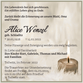 Traueranzeige von Alice Wenzel von Trauerkombi Merseburg