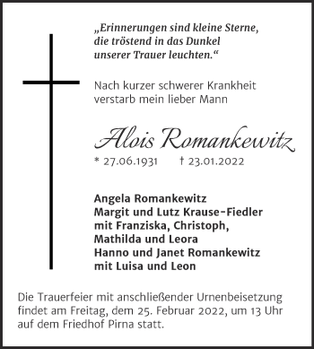 Traueranzeige von Alois Romankewitz von Mitteldeutsche Zeitung Halle/Saalkreis