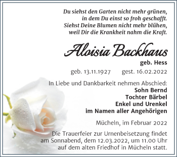 Traueranzeige von Aloisia Backhaus von Trauerkombi Merseburg