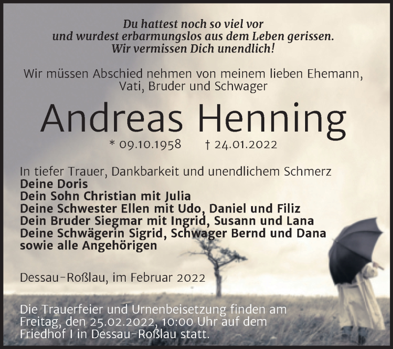  Traueranzeige für Andreas Henning vom 05.02.2022 aus Trauerkombi Dessau