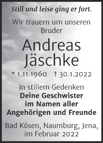 Traueranzeige von Andreas Jäschke von Wochenspiegel Naumburg/Nebra