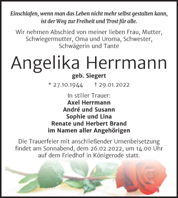 Traueranzeige von Angelika Herrmann von Trauerkombi Quedlinburg