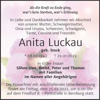 Traueranzeige von Anita Luckau von Trauerkombi Bernburg