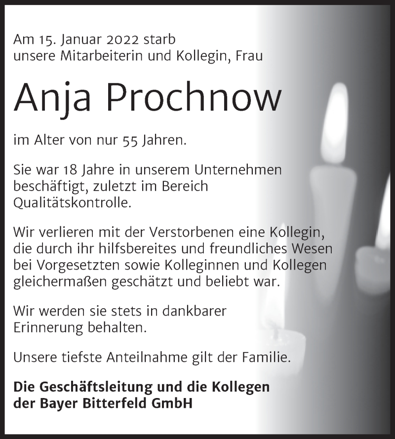  Traueranzeige für Anja Prochnow vom 23.02.2022 aus Wochenspiegel Bitterfeld