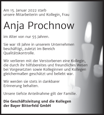 Traueranzeige von Anja Prochnow von Wochenspiegel Bitterfeld