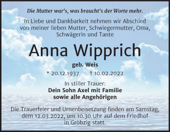 Traueranzeige von Anna Wipprich von Trauerkombi Köthen