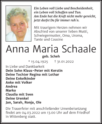Traueranzeige von Anna Maria Schaale von Trauerkombi Wittenberg