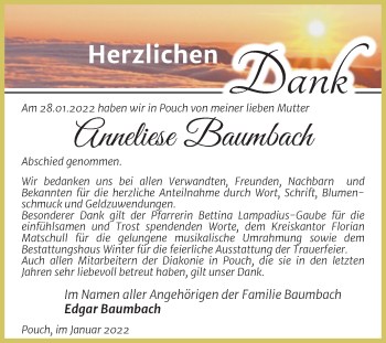 Traueranzeige von Anneliese Baumbach von Trauerkombi Bitterfeld